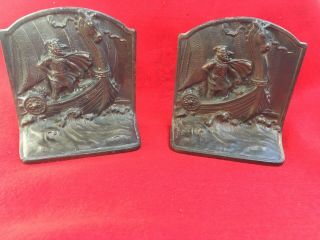 Vintage Viking Plated Cast Iron Book Ends Circa 1920 5 1/2 " Tall