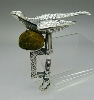 Rare Antique C.  1865 Sterling Silver Figural Bird Sewing Clamp Hand Chased Gorham
