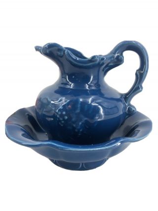 Vintage Mccoy Pottery Blue Pitcher And Wash Bowl Basin Set Grape Clusters Mcm
