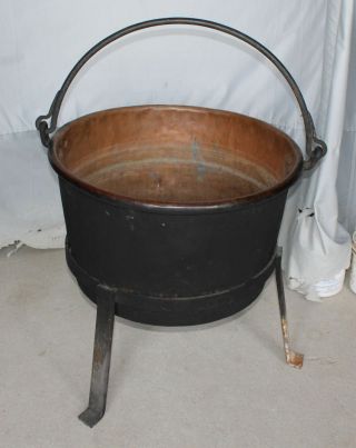Antique 26″ Diameter Copper Apple Butter Kettle Cauldron Plus Brush And Iron Sta