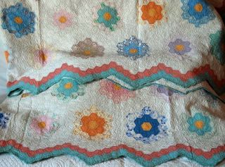 2 Matching Twin Pair Grandmother Garden Antique Quilt C.  1930 Tons Of Quilting