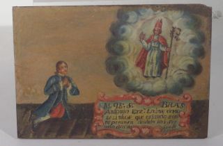 Antique Spanish Colonial Oil On Panel Painting Santos Religious Inscription