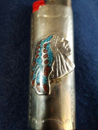 Vtg South Western Navajo Old Turquoise Silver Cover Case Lighter Holder Fits Bic