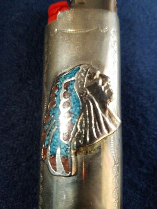 Vtg South Western Navajo old Turquoise Silver Cover Case Lighter Holder fits Bic 2