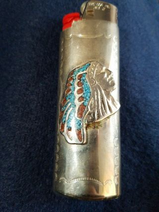 Vtg South Western Navajo old Turquoise Silver Cover Case Lighter Holder fits Bic 3