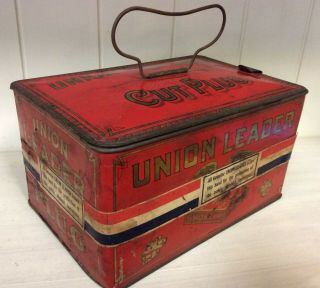 Vintage Union Leader Smoking Tobacco Cut Plug Lunchbox Tin,  Open And Close Hinge