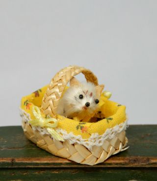 Vintage Hand Woven Basket With Yorkie Puppy Artisan Dollhouse Miniature 1:12