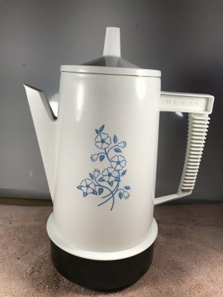 Vintage Regal Poly Perk Coffee Pot White With Blue Flowers With Cord 12 Inches T