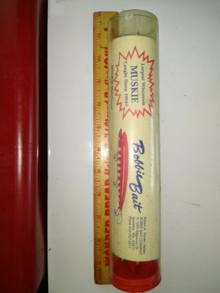Vintage 9 " Brown Early Muskie Bobbie Bait In Plastic Tube Box With Paperwork.
