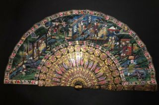Antique Chinese Gold Gilt Lacquer Hand Painted Court Scene 100 Faces Fan