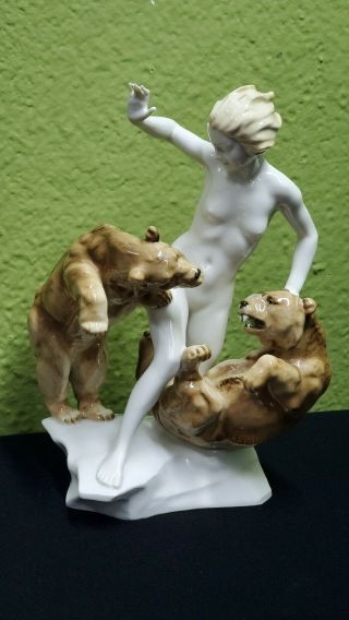 Hutschenreuther Signed Karl Tutter " Jealousy " Figurine Nude Woman W/ Two Bears.