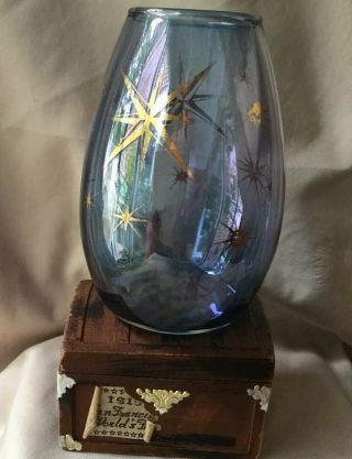 Vintage Mid Century 1950 - 60’s Atomic Star Vase Gold Gilt Blue Gray Glass 4in