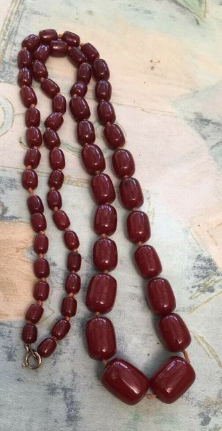 Antique Cherry Amber Bakelite Faturan Necklace Barrel Shaped Beads 88g - Marbled