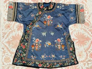 Antique Qing Chinese Embroidered Blue Silk Robe Forbidden Stitch Moths Florals 2