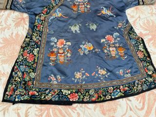 Antique Qing Chinese Embroidered Blue Silk Robe Forbidden Stitch Moths Florals 3