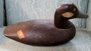 Antique Carved Wood Duck Decoy With Weight And Tethers Red White Green Wings