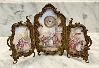 Antique Austrian Ornate Brass Porcelain Enamel Romantic Miniature Clock Screen