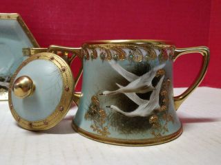Nippon Flying Geese Gold Moriage Jewelled Tea Set Hand Painted Antique Shakers 2