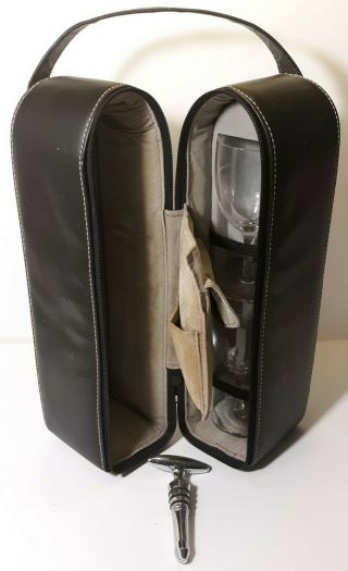 Vintage Black Leather Deluxe Wine Travel Case W/ Strap,  Wine Glasses,  And Cork