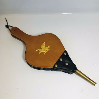 Vintage Wood Leather Brass Bellows Air Blower Fire Starter Fireplace Eagle Logo