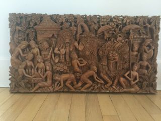 Vintage Signed Balinese Carved Wood Wall Art Panel Ramayana 28 " Bali Exquisite
