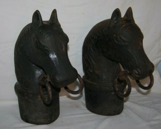 Rare Pair Antique Double Ring Cast Iron Horse Head Hitching Post Toppers