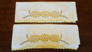 Vintage Pillowcases Embroidered Crocheted Lace Edges With Yellow Flowers.