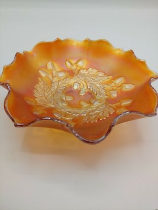 Vintage Fenton Autumn Acorns Ruffled Carnival Glass Bowl In Marigolds 7 1/2 " W
