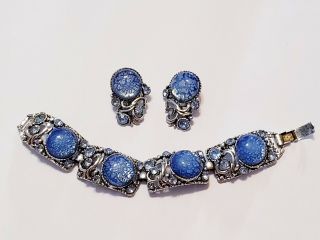 Vintage Ann Vien Blue Rhinestone And Foiled Glass Bracelet And Clip - On Earrings