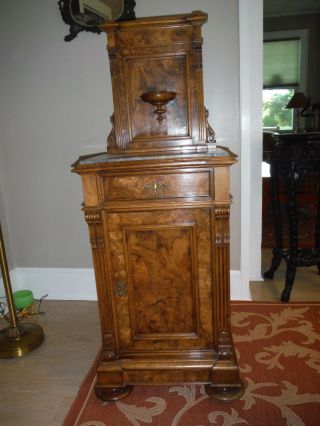 Antique English Burled Walnut Veneer Bedside Table With Marble Top