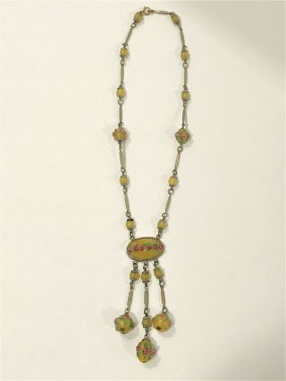 Vintage Murano Glass Wedding Cake Beads Bezel Set Cabochon Necklace Amber Yellow