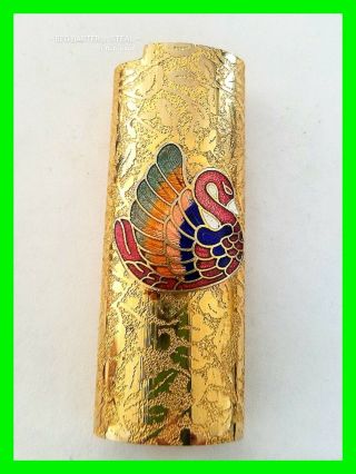 Unique Vintage Cloisonne Enameled Bird Gold Tone Cigarette Lighter Cover Case