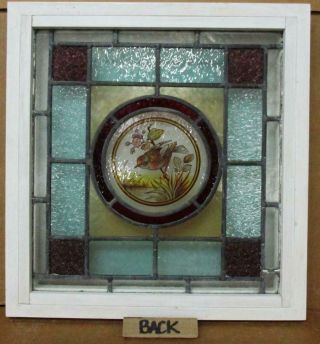 VICTORIAN ENGLISH LEADED STAINED GLASS WINDOW Lovely Hand Painted Bird 17 ' x 18 