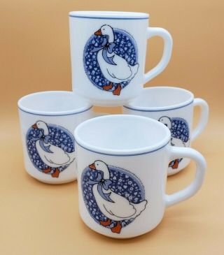 Vintage Arcopal France Goose B&d Blue Ribbon White Set Of Coffee Mug Cup