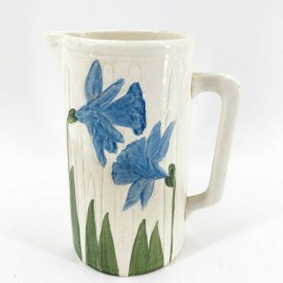 Vintage Hand Painted Blue Tulip Ceramic Pitcher Marked Unique & Old 7 3/4 " Tall
