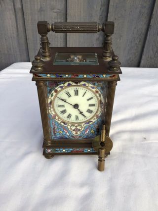 Brass Antique Four Glass Champleve Enamel Carriage Clock