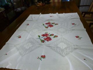 Vintage Tablecloth Cotton Hand Embroidered Roses Drawn Work 44 X 55 "