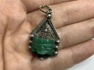 Vintage Taxco Mexico Sterling Silver Carved Green Onyx Face Tribal Pendant