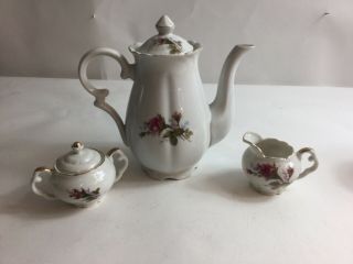 Royal Sealy Vintage China Moss Rose Tea/coffee Pot,  Creamer & Sugar