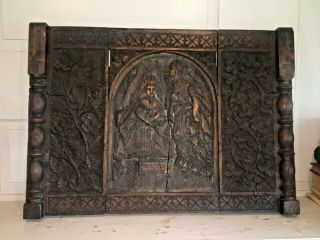 1500s Religious Antique Wood Carved Oak Gothic Renascence Wall Panel Rare