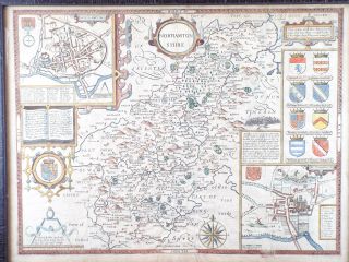 Framed Antique 17th C Hand Color Map Of Northamptonshire England 1611 John Speed 2