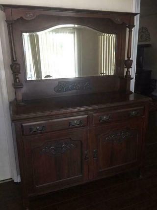 Antique Buffet / Server With Mirror - Dark Wood 1800 