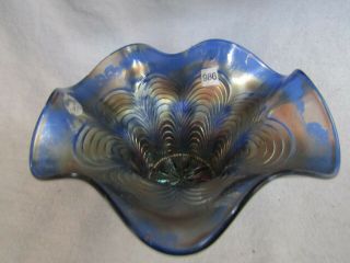 Vintage Fenton Cobalt Blue Carnival Glass Bowl Peacock Tail