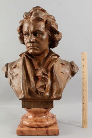 Large Antique Signed Hans Muller Bronze Bust Beethoven Sculpture Marble Base Nr