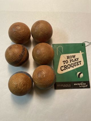 Vintage Croquet Balls South Bend Complete Set Of 6 Grooves 2 Wide Color Stripes