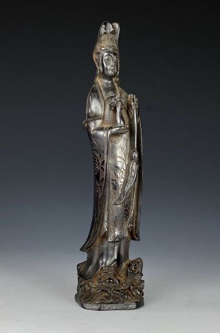 Antique Chinese Dark Faux Cherry Amber Bakelite Guanyin Figure Detailed Carving