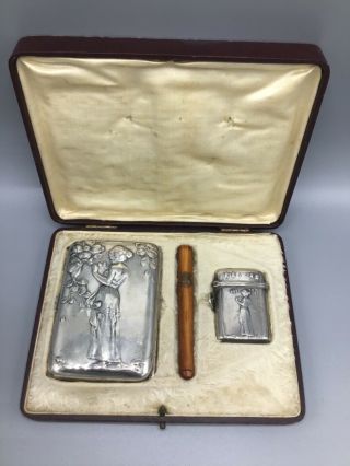 Silver Art Nouveau 3 - Piece Cigarette & Vesta Match Case Box