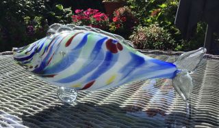 Small (12 ") (30cm) Vintage Murano Glass Fish Burgundy White Blue Green Ref F10