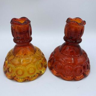 Vintage Pair Le Smith Moon Stars Glass Amberina Candlestick Holders 4.  5 "