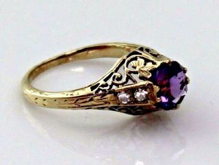 Ladies Antique Pure Amethyst & Diamond Filgerie Ring In 18k Yellow Gold Sz.  4.  75